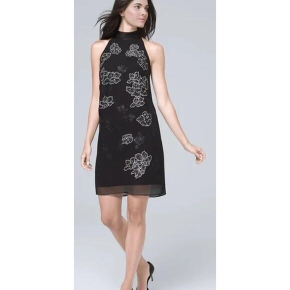 White House Black Market Small Halter Sequin Embroidered Mini Shift Dress Black - Picture 1 of 10